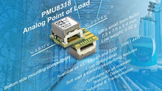 Product marketing image showing a PMU8318 analog point‑of‑load power module with overlaid specifications, including input and output voltage ranges, compact dimensions, low weight, current and power ratings, soft‑start and tracking features, bottom‑side mounting, and applicability to telecom, datacom, industrial, and transportation markets.