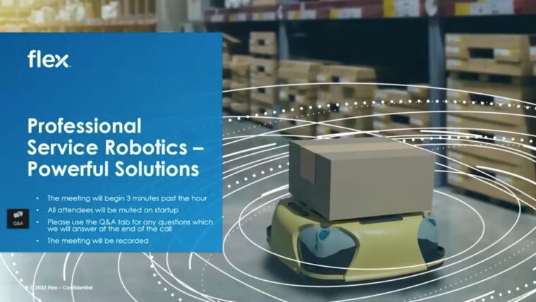 Webinar slide featuring Flex’s professional service robotics solutions, showing an autonomous mobile robot carrying a package in a warehouse environment with graphic overlays highlighting automation technology.