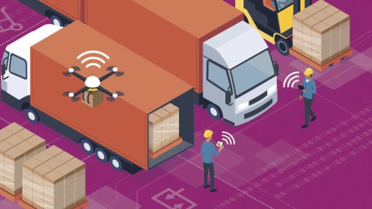 illustration of person interacting with supply chain delivery trucks and drones