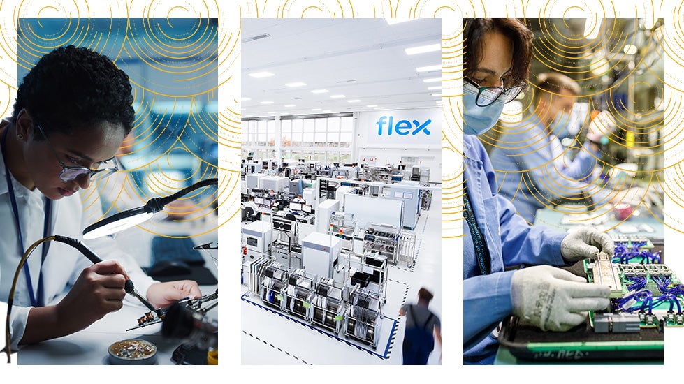 collage of factory professionals working on factory floor at flex