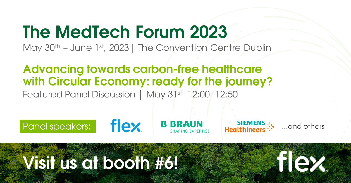 MedTech Forum 2023 event. May30th - June 1st at the convention centre in Dublin, Ireland. Titled: Advancing towards carbon-free healthcare with circular Economy