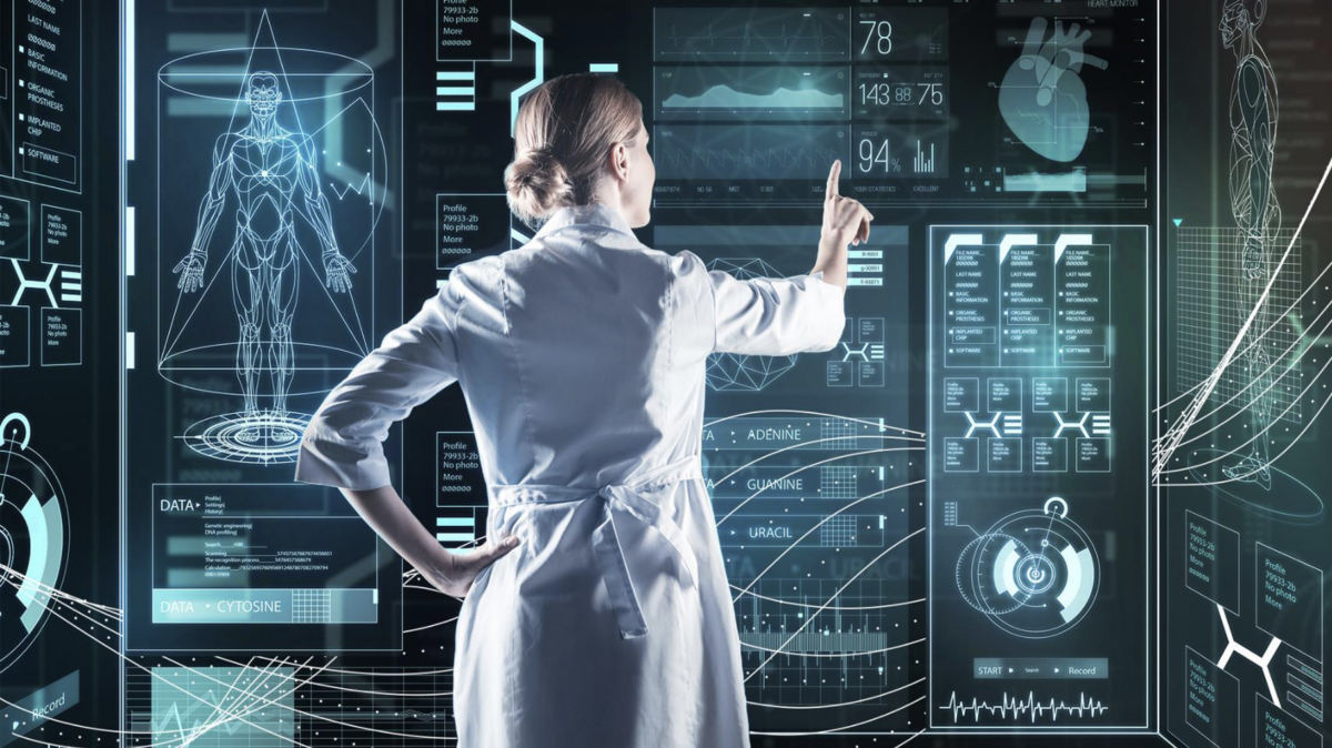 healthcare professional interfaces with futuristic touchscreen