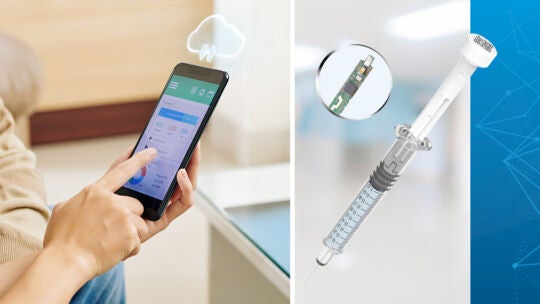 image of a hand on a cellphone and a syringe