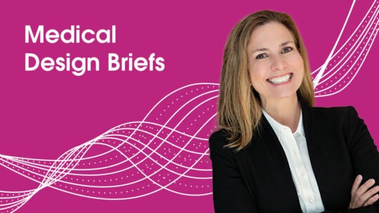 pink image with white lines, an image of Jennifer Samproni and the words medical design briefs