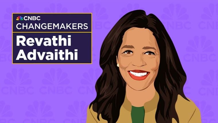 purple background with CNBC Changemakers Revathi Advathi and cartoon image of her