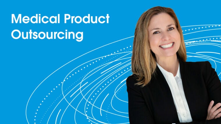 blue background with image of Jennifer Samproni and the words Medical Product Outsourcing
