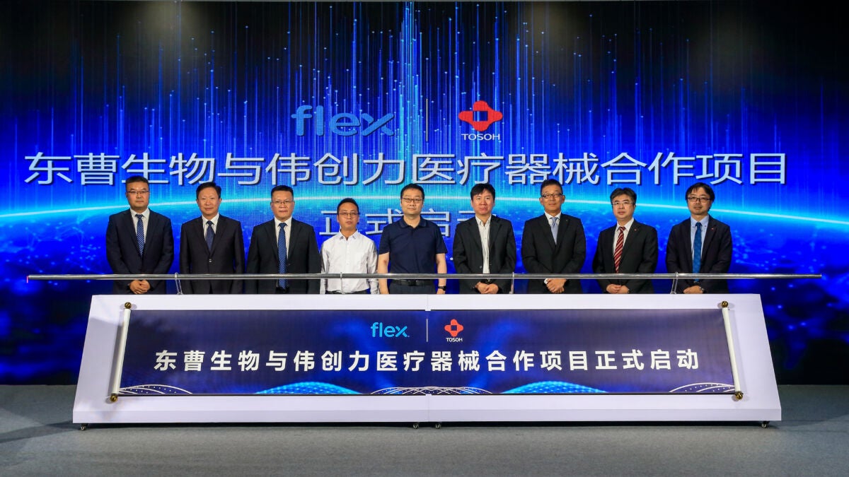 Launching ceremony with representatives from the local government in China, Flex, and Tosoh
