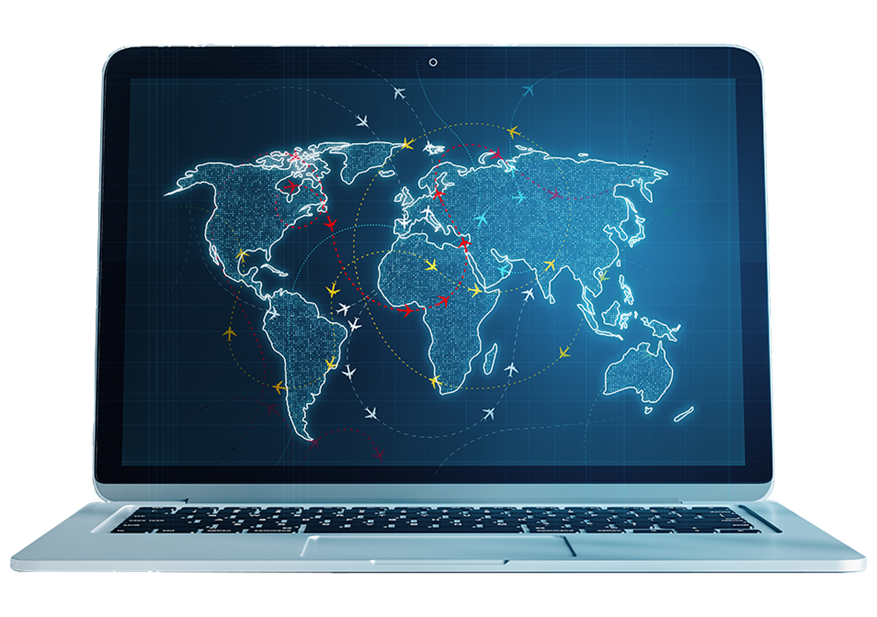 Computadora portátil que muestra el mapa mundial