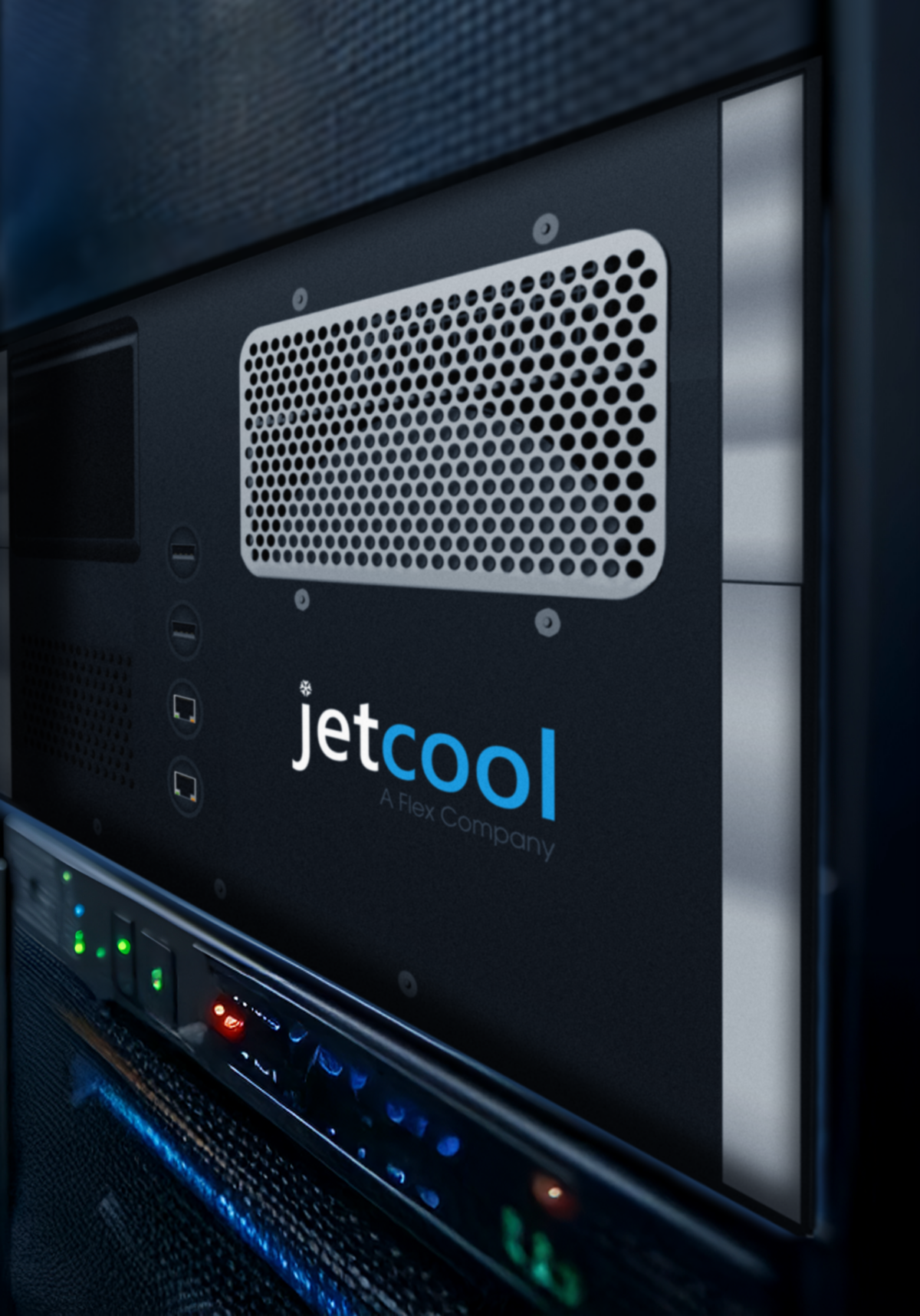 Close up of JetCool SmartSense CDU in rack