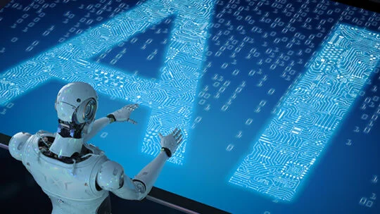 Robot facing a large digital display showing the glowing letters “AI” made of circuit‑like patterns with binary code cascading down the screen.