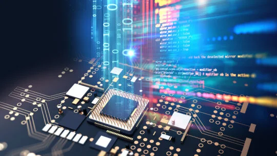Illustration of a microchip on a circuit board with glowing data streams and colorful lines of code rising upward, symbolizing advanced computing and digital processing.