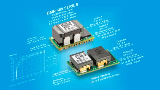 Product display image of two BMR 469 Series digital point‑of‑load power modules on a blue background, with labeled features including single or dual outputs, current and power ratings, PMBus interface support, input voltage range, physical dimensions, and an efficiency graph.