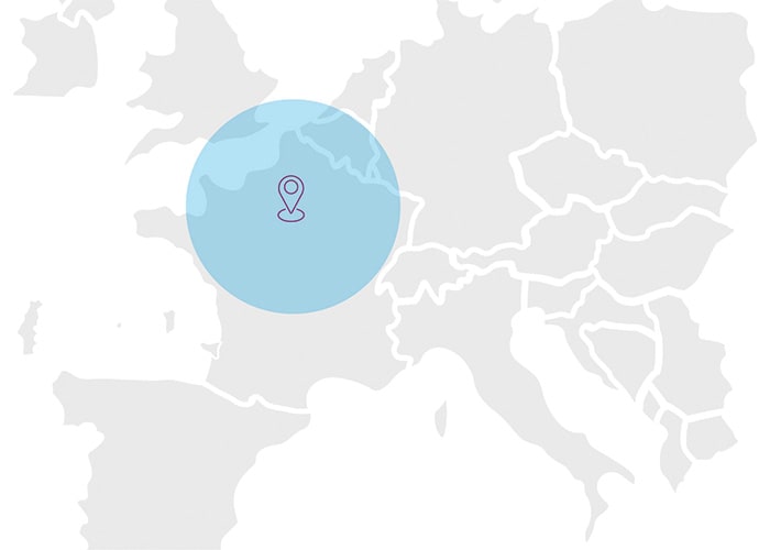 Map depicting a 200 mile radius around Paris, France
