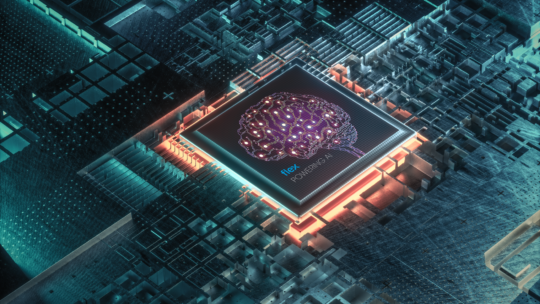 Close‑up of a glowing microchip embedded in a futuristic circuit board, featuring an illuminated brain graphic labeled “flex Powering AI” at its center.
