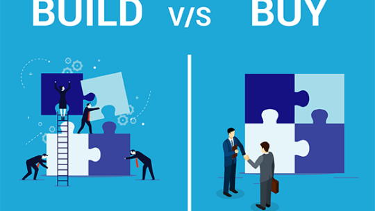 Illustration comparing two approaches: on the left, a team assembling large puzzle pieces to represent “BUILD,” and on the right, two people shaking hands in front of completed puzzle pieces to represent “BUY.”