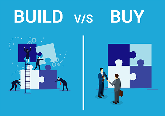 Illustration comparing two approaches: on the left, a team assembling large puzzle pieces to represent “BUILD,” and on the right, two people shaking hands in front of completed puzzle pieces to represent “BUY.”