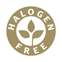 Circular “Halogen Free” emblem featuring a stylized three‑leaf plant inside a gold‑colored ring with the words HALOGEN FREE around the border.