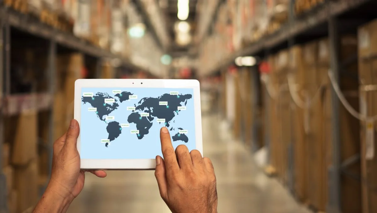 male manager hand holding tablet with AR application for check order pick time in smart factory warehouse, technology interface global partner connection for Logistic Import Export background