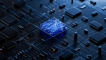 Close-up of a dark circuit board with a glowing blue central chip featuring illuminated lines and patterns, surrounded by various electronic components and connections.