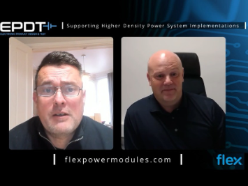 Two‑panel video call layout with one participant displayed on the left and another on the right, framed by a branded header reading “EPDT | Supporting Higher Density Power System Implementations.” The footer shows “flexpowermodules.com” and the Flex logo on a dark, circuit‑themed background.