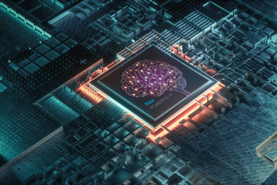 Microchip displaying a digital brain and 