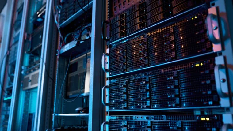 Close up of a power megawatt IT rack for data centers