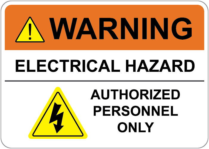 Warning sign indicating electrical hazard with symbols and text stating authorized personnel only