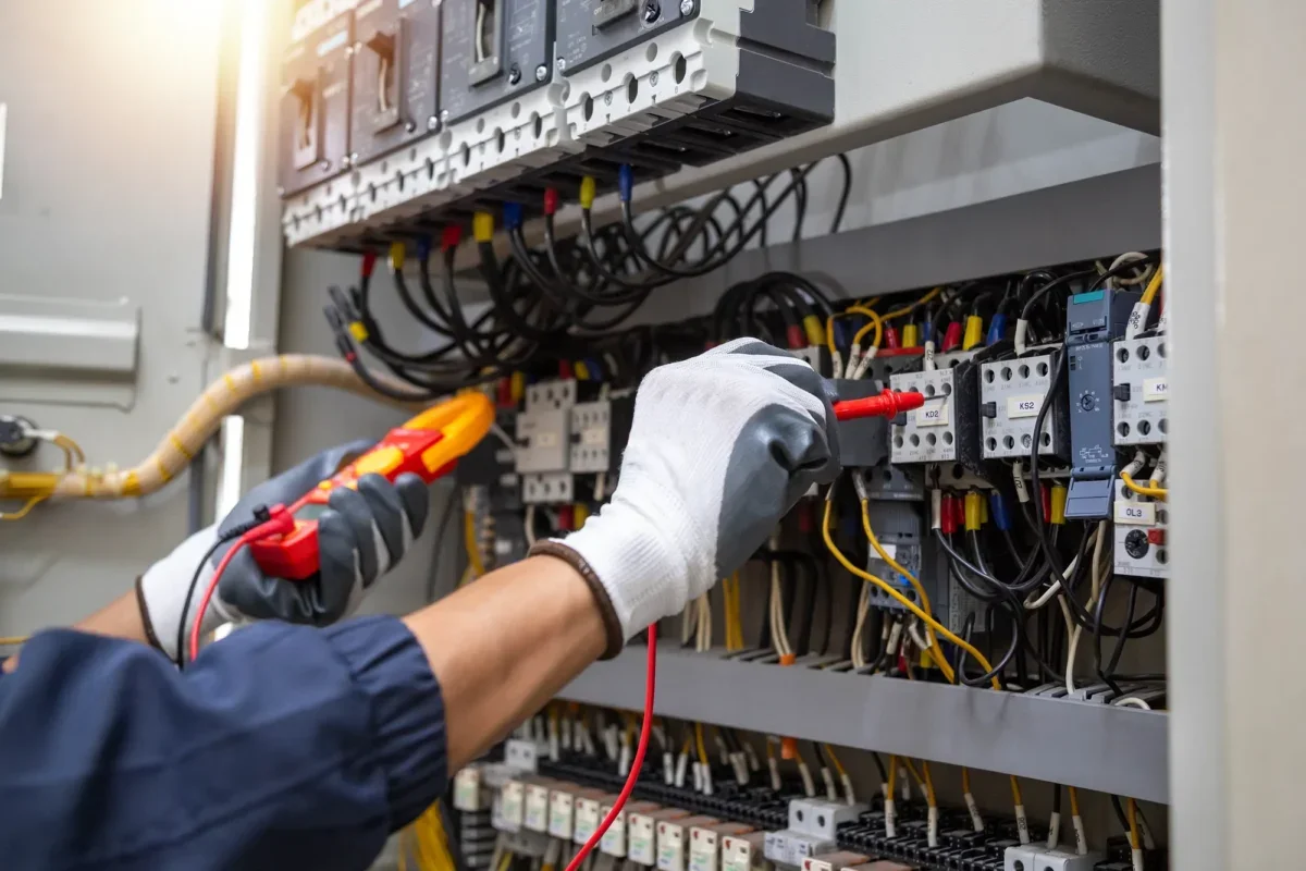 Technician using insulated tools to test electrical connections inside an open industrial control panel.