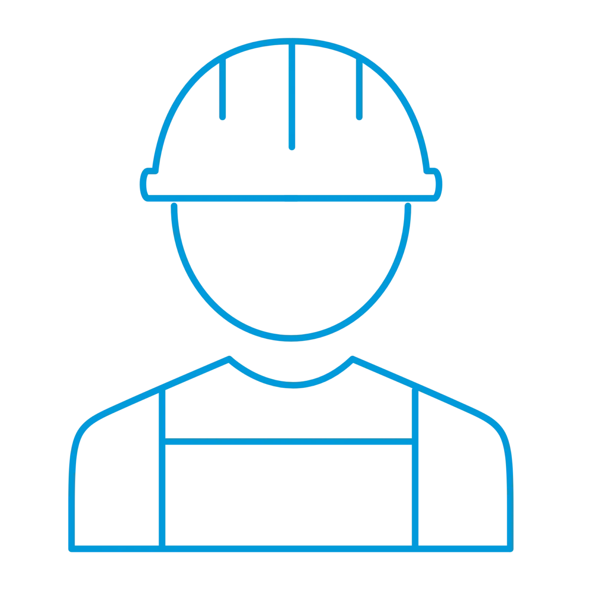Blue line-art illustration of a construction worker wearing a hard hat and overalls.
