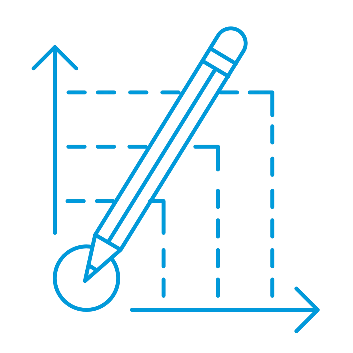 Blue line-art illustration of a pencil drawing over a set of dashed measurement lines with arrows indicating vertical and horizontal dimensions.