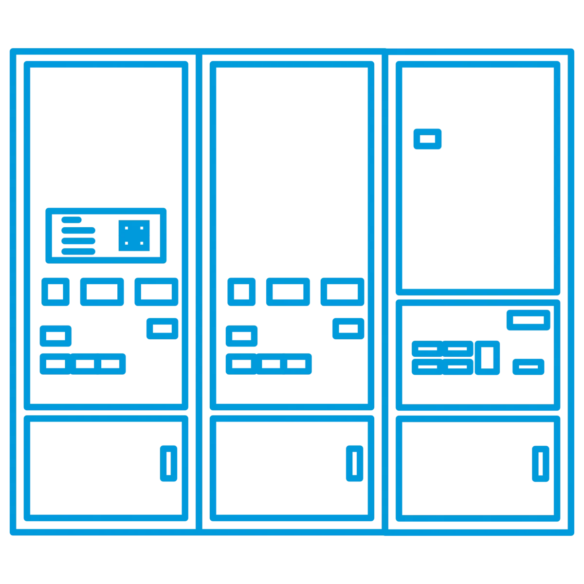 Blue line-art illustration of three server cabinets with various panels, buttons, and compartments representing data center equipment.