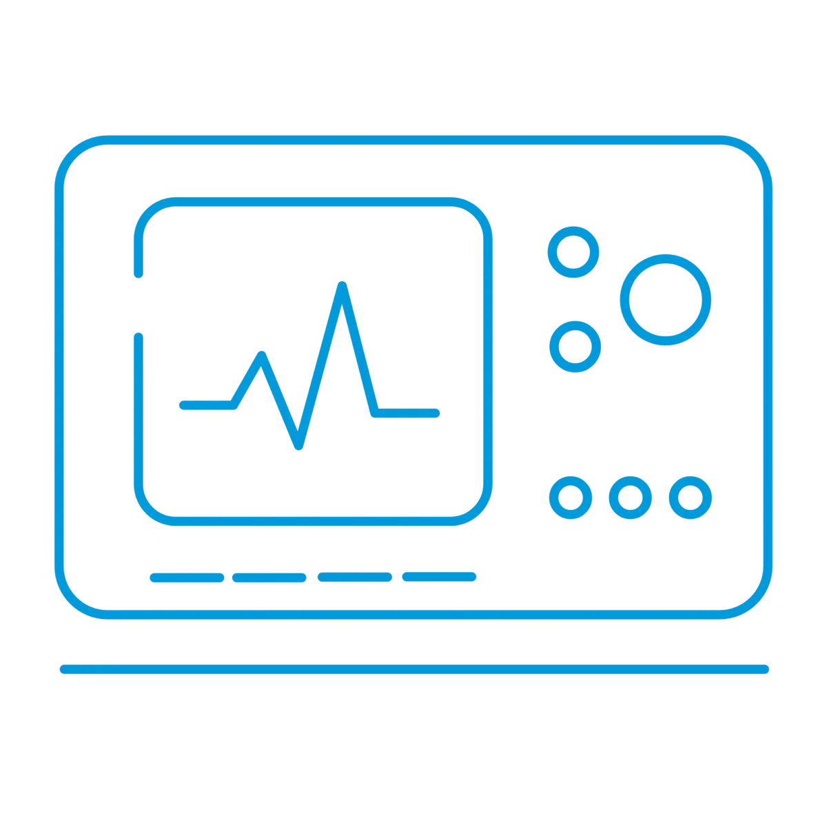 Blue line-art illustration of a medical monitor displaying a heartbeat waveform with various buttons and controls on the right side.
