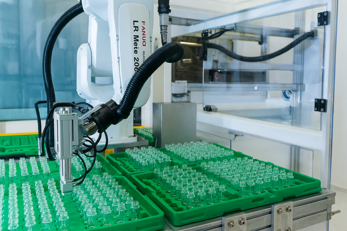 一台机器人装配工作站正在搬运一排排摆放在绿色托盘上的透明小玻璃瓶。一个带有黑色软管的白色机械臂位于托盘上方，机械部件和线路清晰可见。场景位于一个洁净封闭的工业环境中，环境由金属框架和透明防护板构成。.
