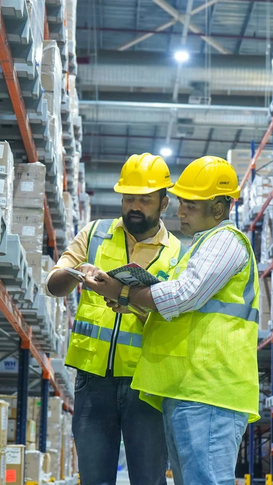 Flex employees in India inspecting warehouse