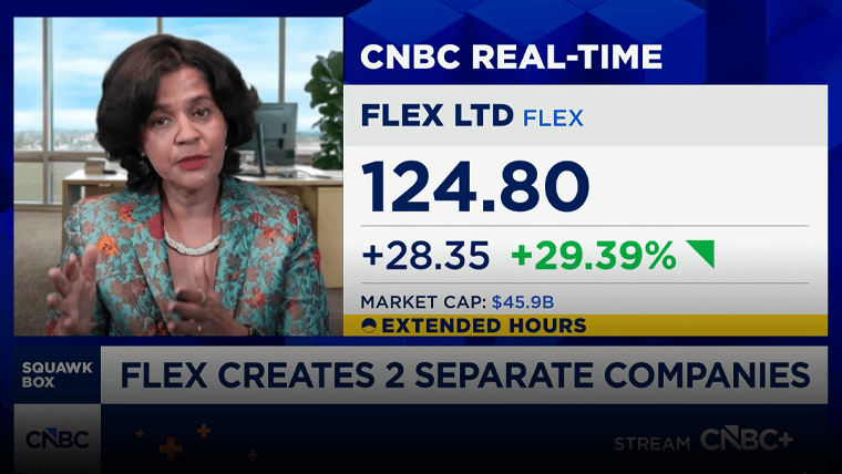Flex CEO Revathi Advaithi on CNBC Squawk Box outlining Flex’s intent to spin off its Cloud and Power Infrastructure segment