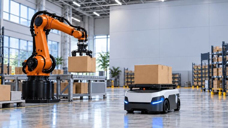 Manufacturing facility with multiple robot form factors: robotic arm and AMR