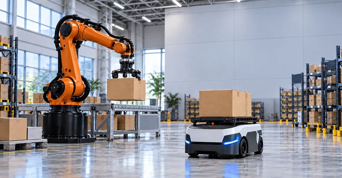 Manufacturing facility with multiple robot form factors: robotic arm and AMR